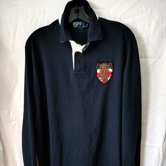 VTG Mens Polo Ralph Lauren Size L  Color NAVY Rugby Shirt Striped PATCH - Picture 1 of 9